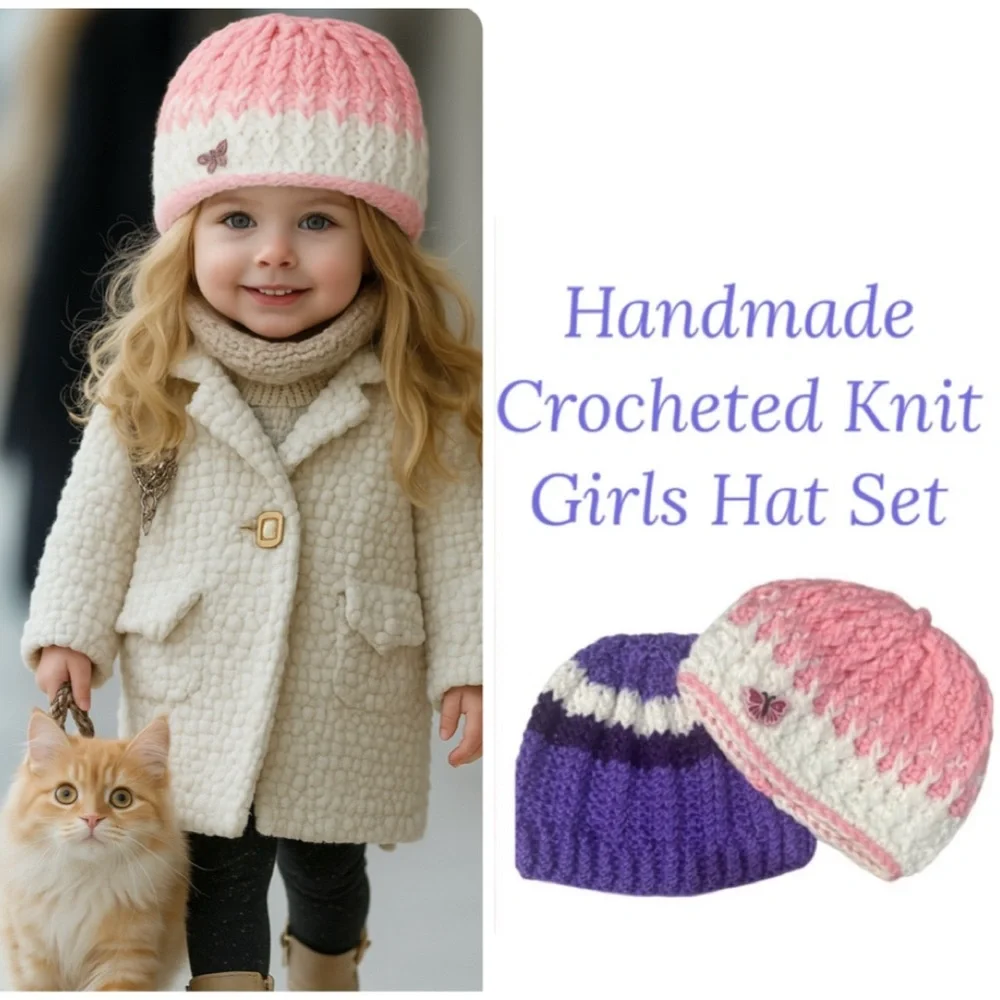 Girl’s Handmade Crochet Beanie Textured Knit Hats Butterfly Glitter Pink Purple